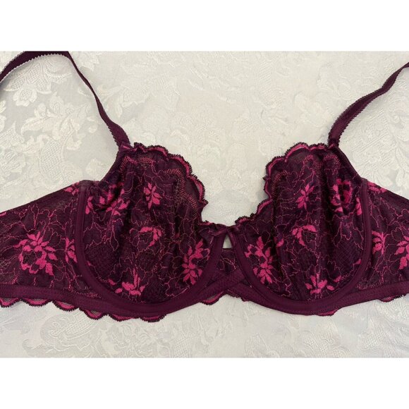 Wacoal Size 36D Fire And Lace Scallop Trim Bra 851252 Purple Pink sheer - Picture 5 of 7